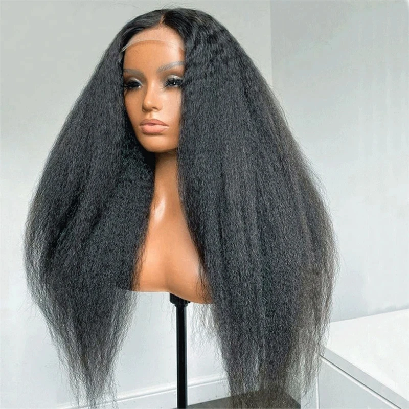 Long Yaki Natural Black 26Inch Kinky Straight Lace Front Wig For Black Women With Baby Hair Synthetic Preplucked Glueless Daily