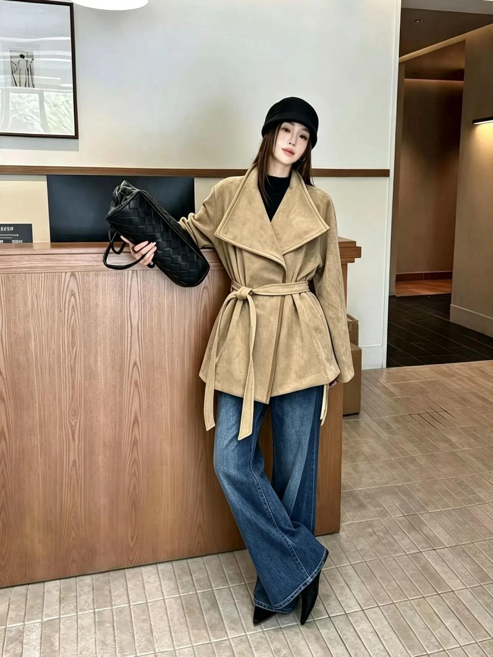 PUAL Women Faux Suede Short Jacket, 2‑Style Collar Zip Up Lantern Sleeve Belted Vintage Outerwear