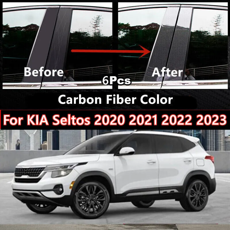 Carbon Fiber Pillar Posts Door Trim Cover Kit For KIA Seltos 2020 2021 2022 2023