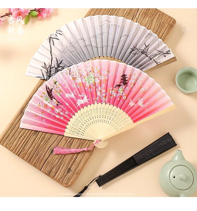 NEW Summer Day Chinese Silk Folding Wooden Bamboo Shank Classical Dance Fan High Quality Tassel Elegent Female Fan Decoration