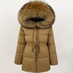 Winter Puffer Jacket Women Large Natural Raccoon Fur Hooded 90% Duck Down Coat Female Warm Sash Tie Parkas Waterproof