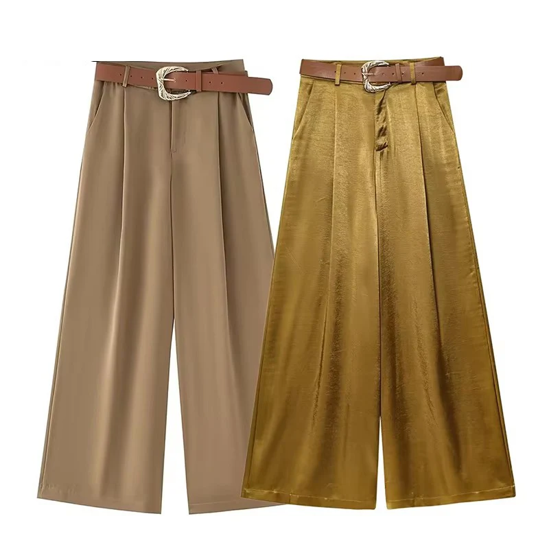 여성용 우아하고 시크한 벨트 주름 장식 캐주얼 루즈 롱 팬츠 여성용 솔리드 사이드 포켓 지퍼 슬림 와이드 레그 팬츠