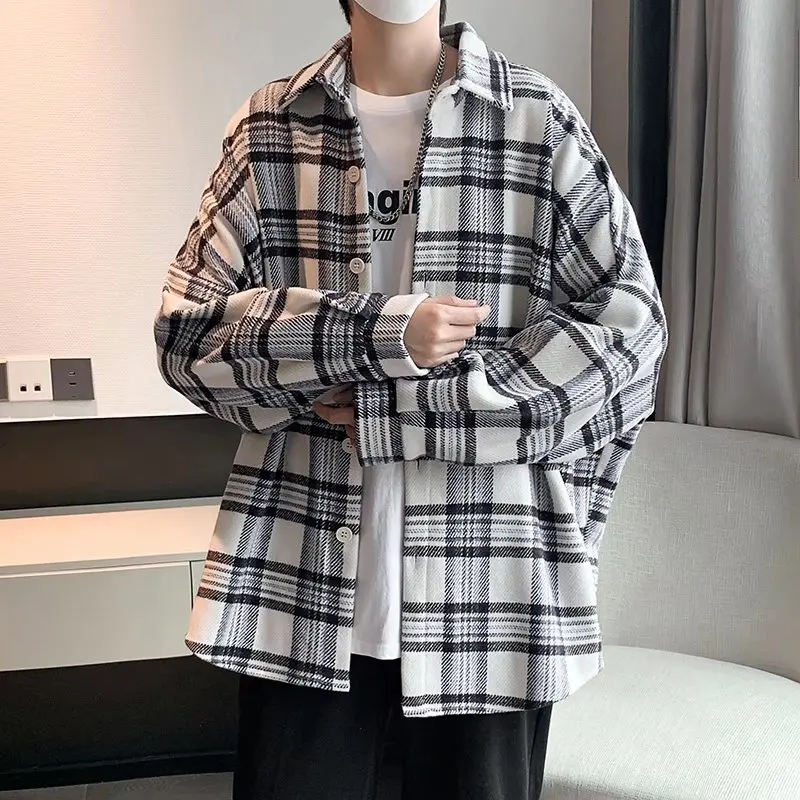 

Plaid Long Sleeve Shirt Men's Loose Casual Style Autumn Spring Fashion Trend Youthful Classic Grid Pattern Button down Coat