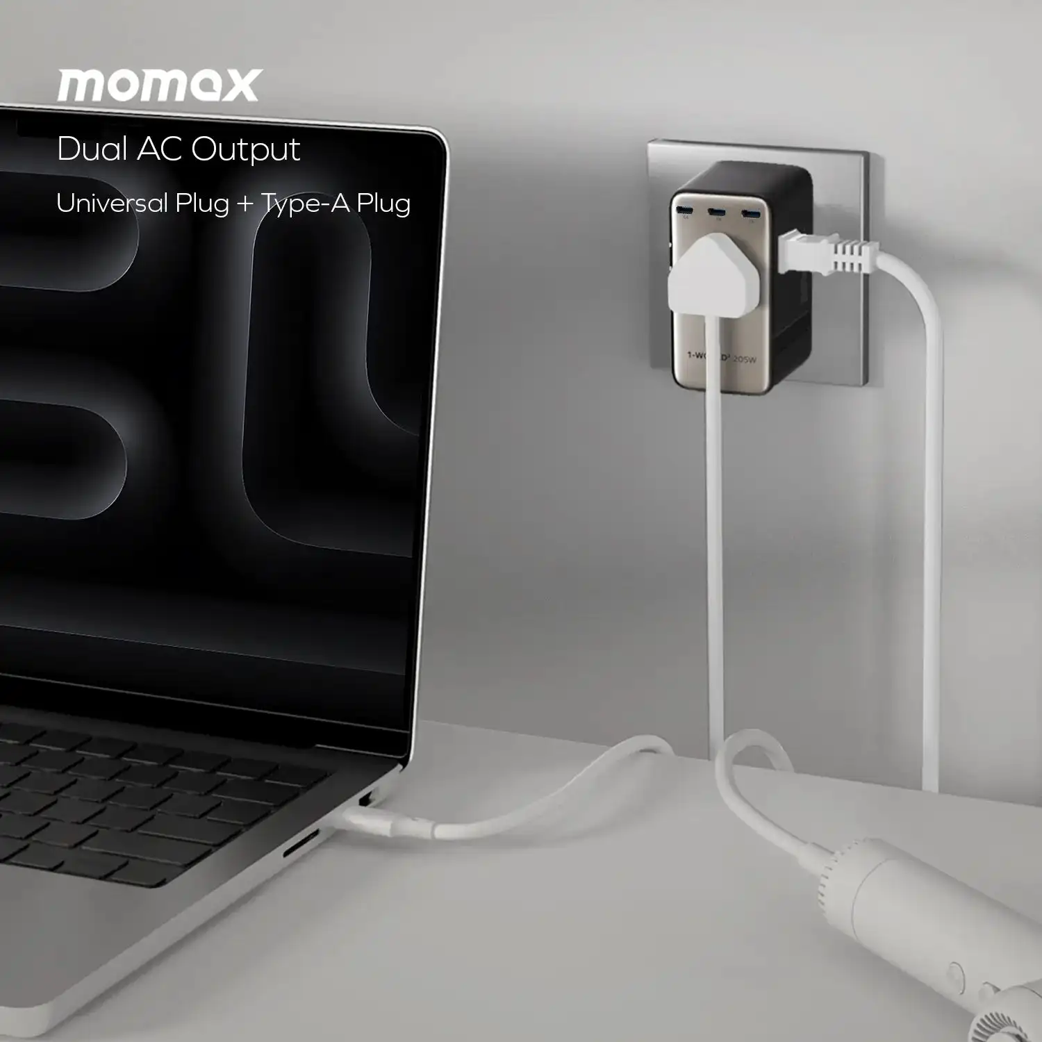 MOMAX 1-World2 205W 7-Port Dual AC محول السفر GaN شاحن قابس السفر الدولي للمسافرين العالميين أجهزة الكمبيوتر المحمولة اللوحية