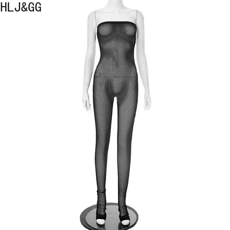 HLJ&GG Sexy Mesh Hollow Out Bodycon Jumpsuits Women Off Shoulder Sleeveless Backless Slim Rompers Fashion See Though Playsuits