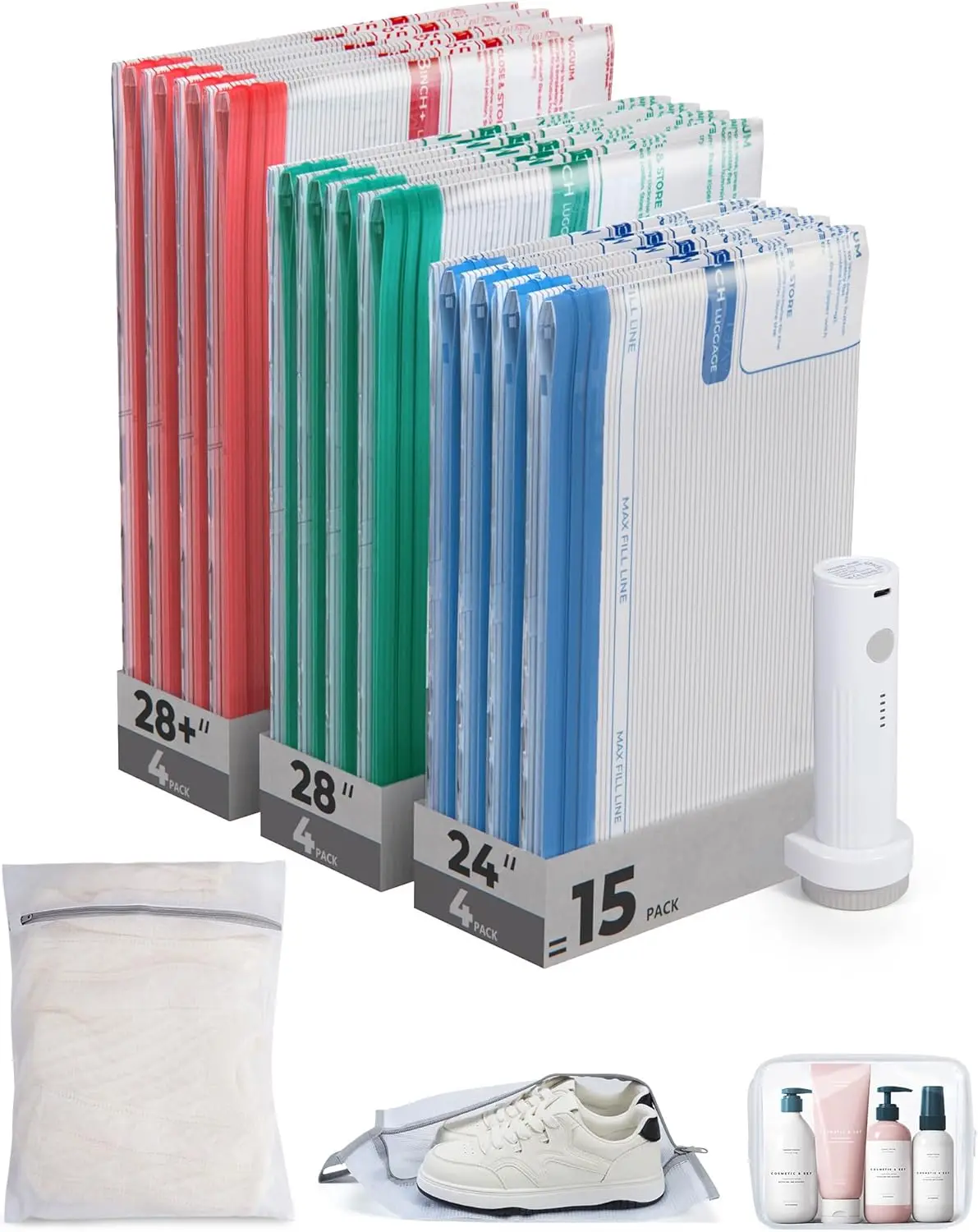 

Portable Vacuum Storage Bags with Rechargeable Pump, 15 Pack Space Saver for Travel & Home, Seal Clothing Blankets