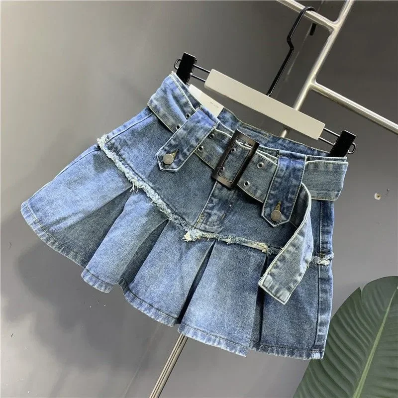 Denim Pleated Skirt Korean Fashion Women High Waist A-Line Sexy Jean Mini Skirt Retro Hot Girls Summer Short Skirts Womens C517