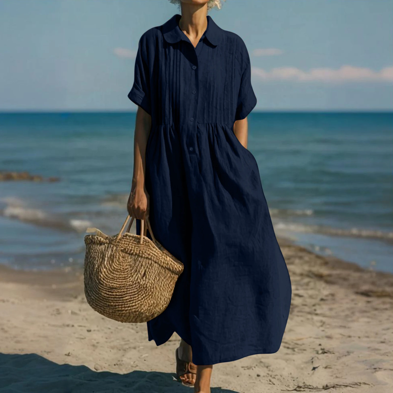 เดรสเชิ้ตผ้าลินินสไตล์ลำลองสำห - Casual Loose Linen Shirt Dress บทวิจารณ์และราคา