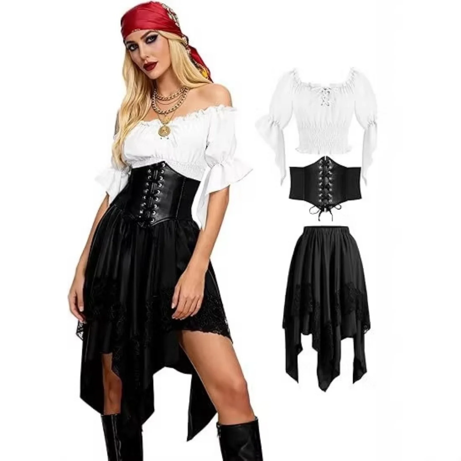 3PCS Women Pirate Skirt Renaissance Spelled Dress Pointed Asymmetrical Fairy Pirate Costume Medieval Farmer Top Halloween Set