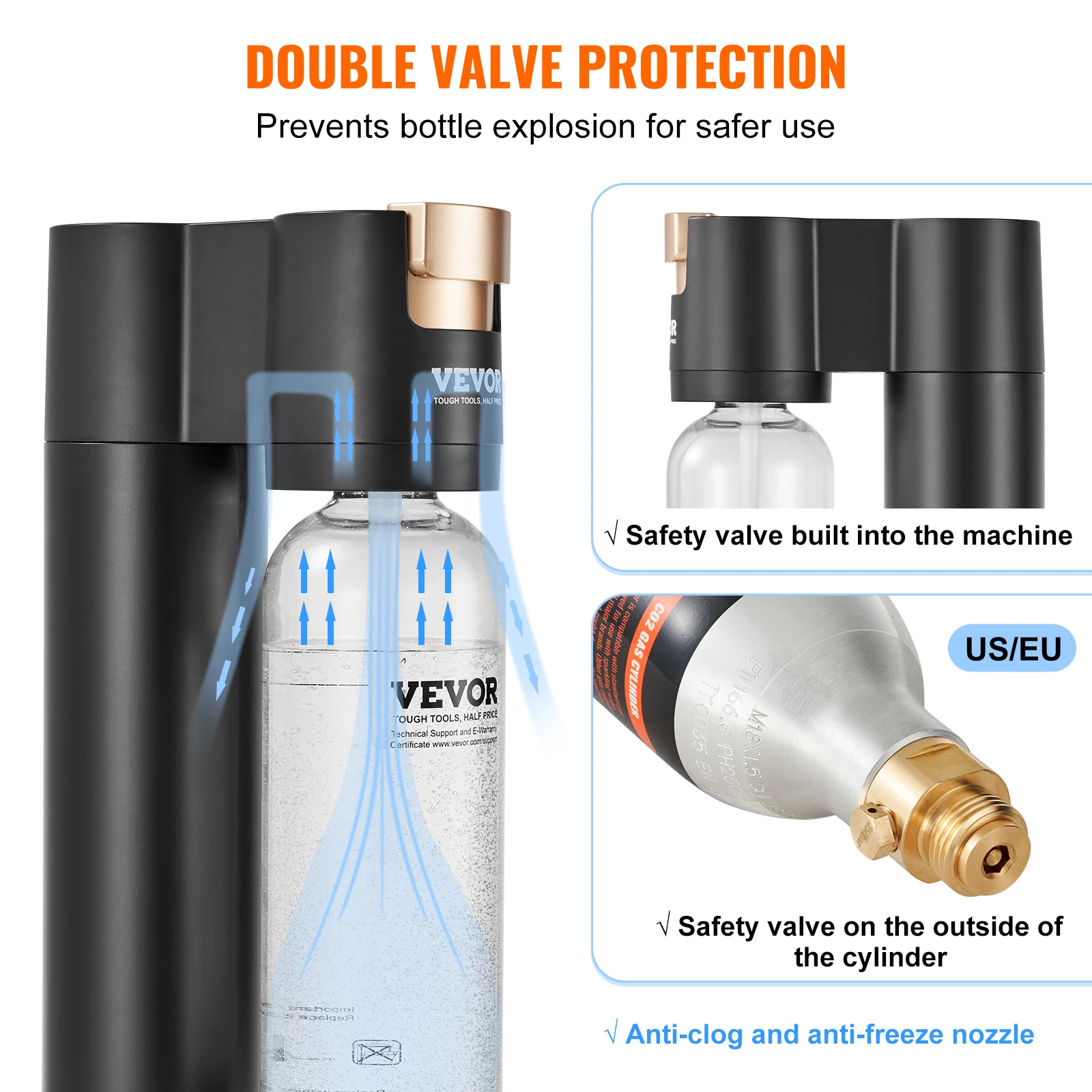 VEVOR Machine à eau gazeuse pour gazéification domestique, machine à eau pétillante et soda avec 2 bouteilles PET de 1 L sans BPA, 1 cylindre de CO2, compatible avec le cylindre de CO2 60 L à visser