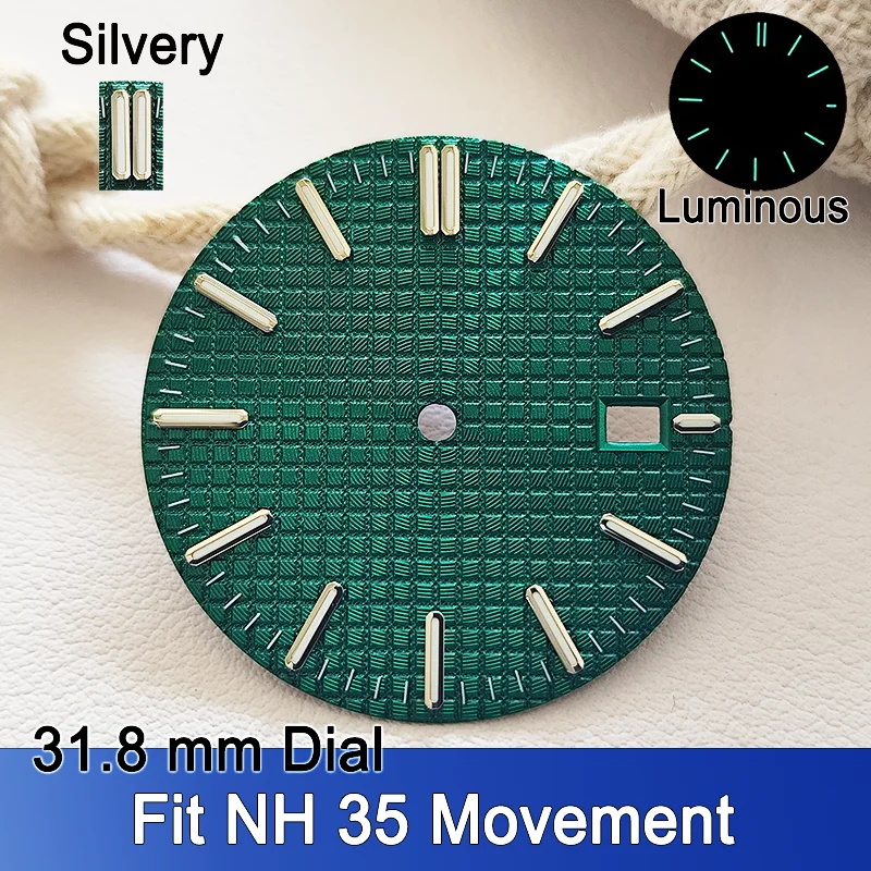 31.8mm Dial For NH35 Dials C3 Green Luminous Watch Dial Hands For NH35A Movement Wristwatches Face Replacement  Accessory Parts