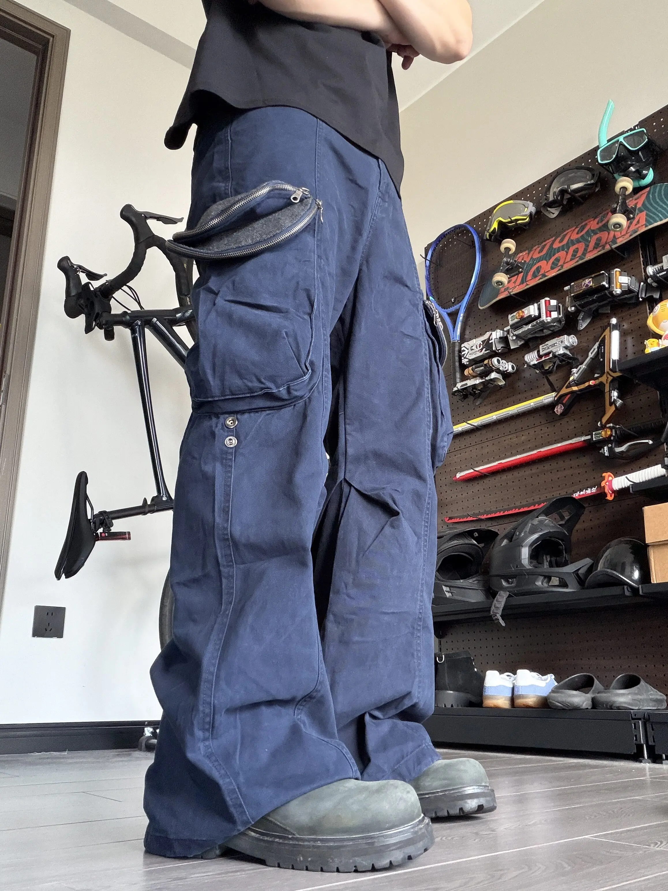 American Street Retro Double Cover Pig Cage Multi Pocket Work Trousers Men Casual Gardener Versatile Straight Leg Micro Flare...