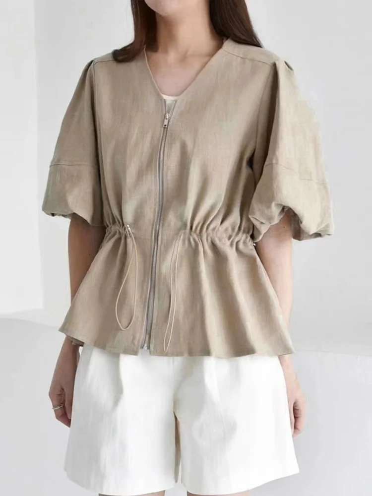 سترة قصيرة ضيقة للنساء صيفية بياقة على شكل V وأكمام منتفخة وتصميم يضيق الخصر مع سحاب، ملابس خارجية عصرية بأسلوب عملي أنيق