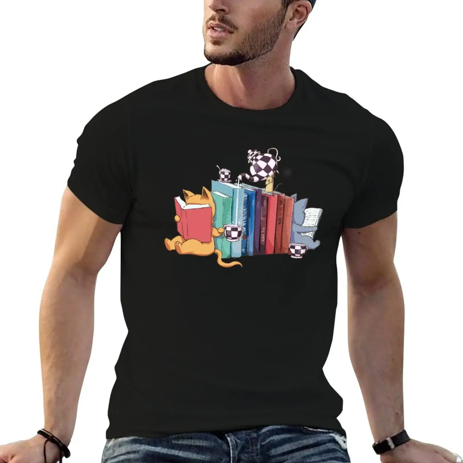 

Bookend Kittens, Cats, tea and books gift T-Shirt oversized anime tshirt Men's clothing