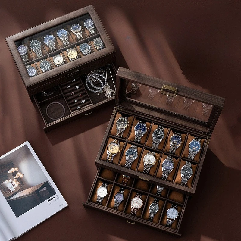 Wood Grain Watch Box Collection Dustproof Storage Boxes Protect Mechanical Watches Display Case Transparent Window Showcase Box