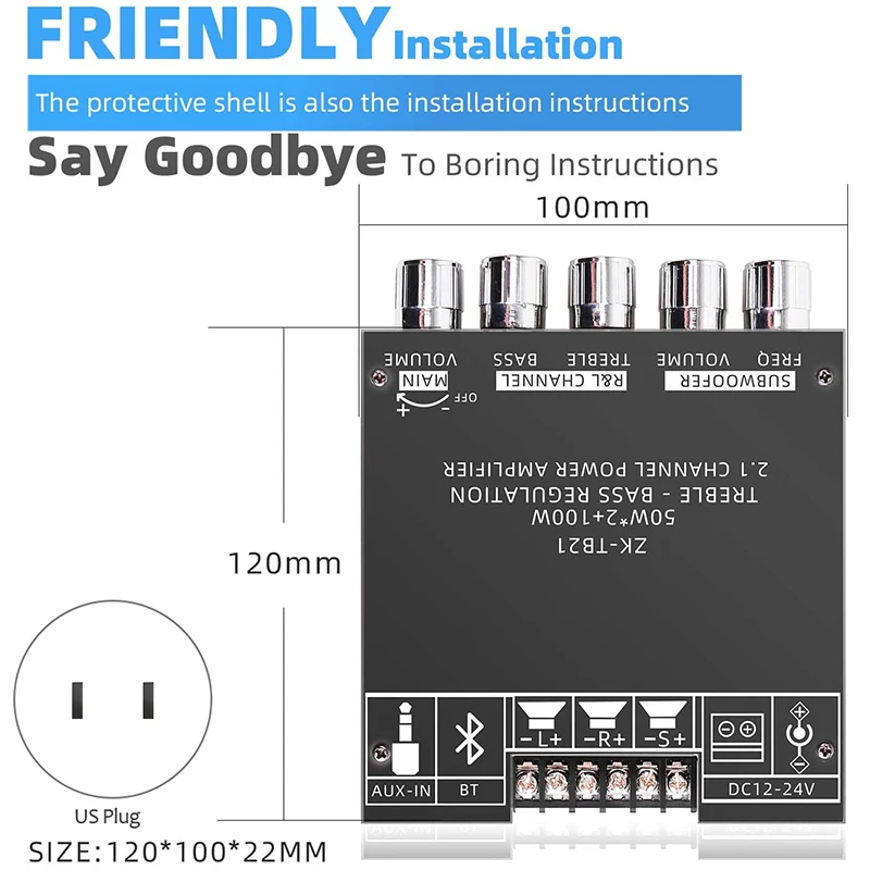 ZK-TB21 TPA3116D2 Bluetooth 5.0 Subwoofer Amplifier Board 50WX2+100W 2.1 Channel Audio Stereo Amplifier Board US Plug