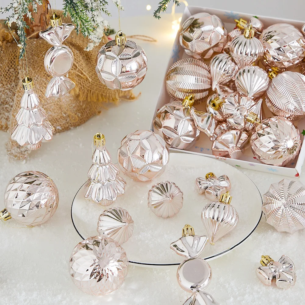 18pcs Rose Gold Red Special-shaped Christmas Ball Pendant Christmas Decorations Xmas Tree Hanging Ornaments for 2025 New Year