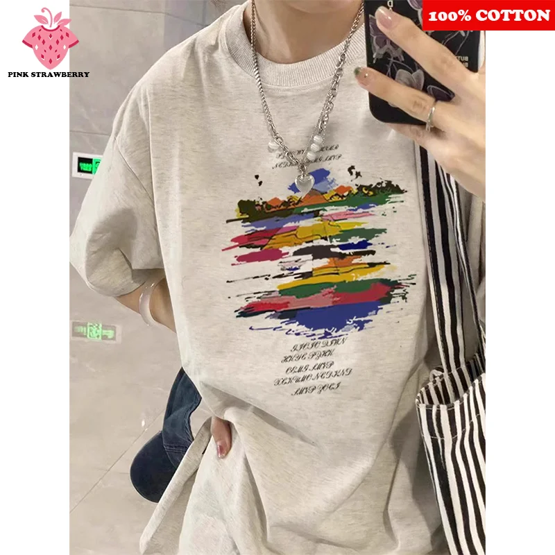 

Retro American Graffiti Letter Print T-shirt Women Summer 2025 New 100% Cotton Short sleeve Casual Y2k Top Youth Female clothing