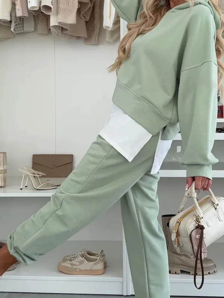 

Элегантные толстовки с капюшоном и брюки-карандаш, костюм из 2 предметов, повседневные однотонные свободные комплекты с длинными рукавами, женские модные лоскутные спортивные наряды