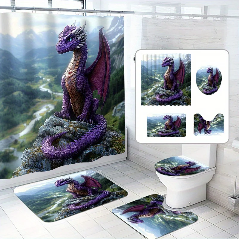 4pcs, Little Dragon Shower Curtain Set, a Purple Little Dragon with 12 Hooks, Polyester Fabric, with Bathroom Non-Slip Mat,