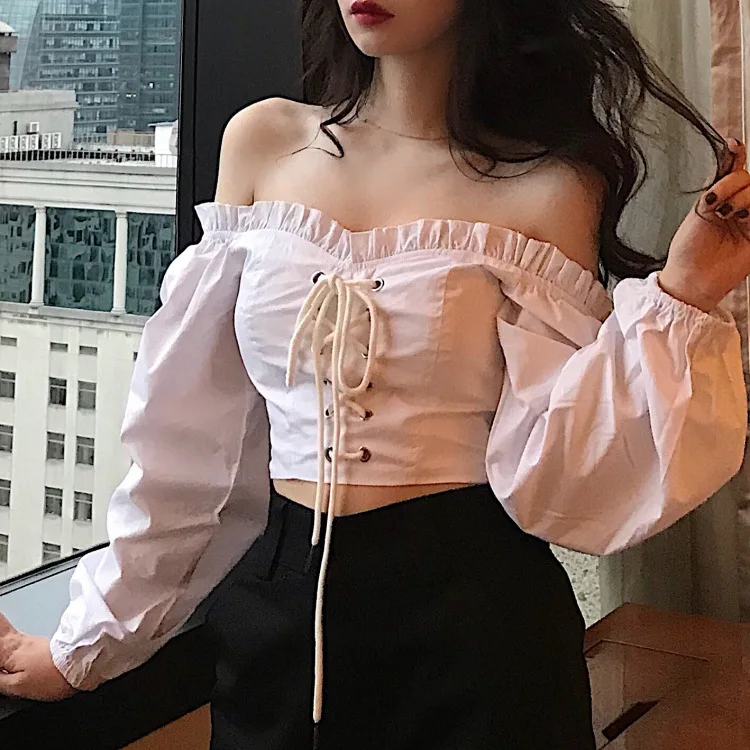American Spring Clothes New Style Palace One-length Off-shoulder Lace-up Short Two-wear Puff Sleeve High-waist Shirt Top