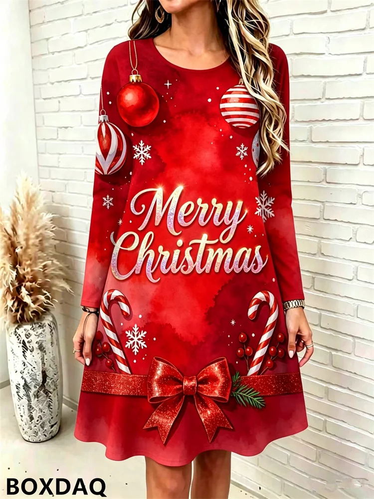 Women's Long Sleeved Round Neck Dresses New Casual Christmas Letter Pattern Printed Loose Christmas A-line Pullover Mini Dress