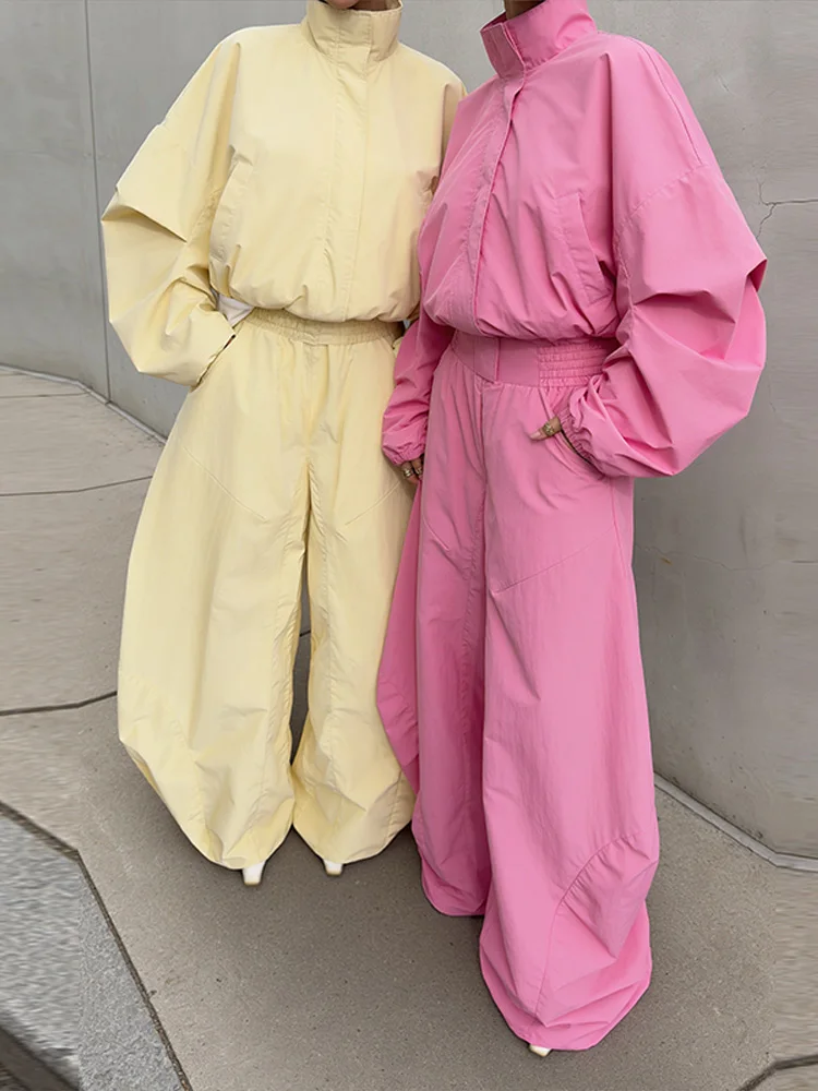 Stehkragen Langarm Oversize-Oberteil und Hosen-Set für Damen, Streetwear mit Taschen, Lockere Mäntel, Hosen mit Elastischem Bund, Schickes Damen-Outfit, Neu – Detail 10