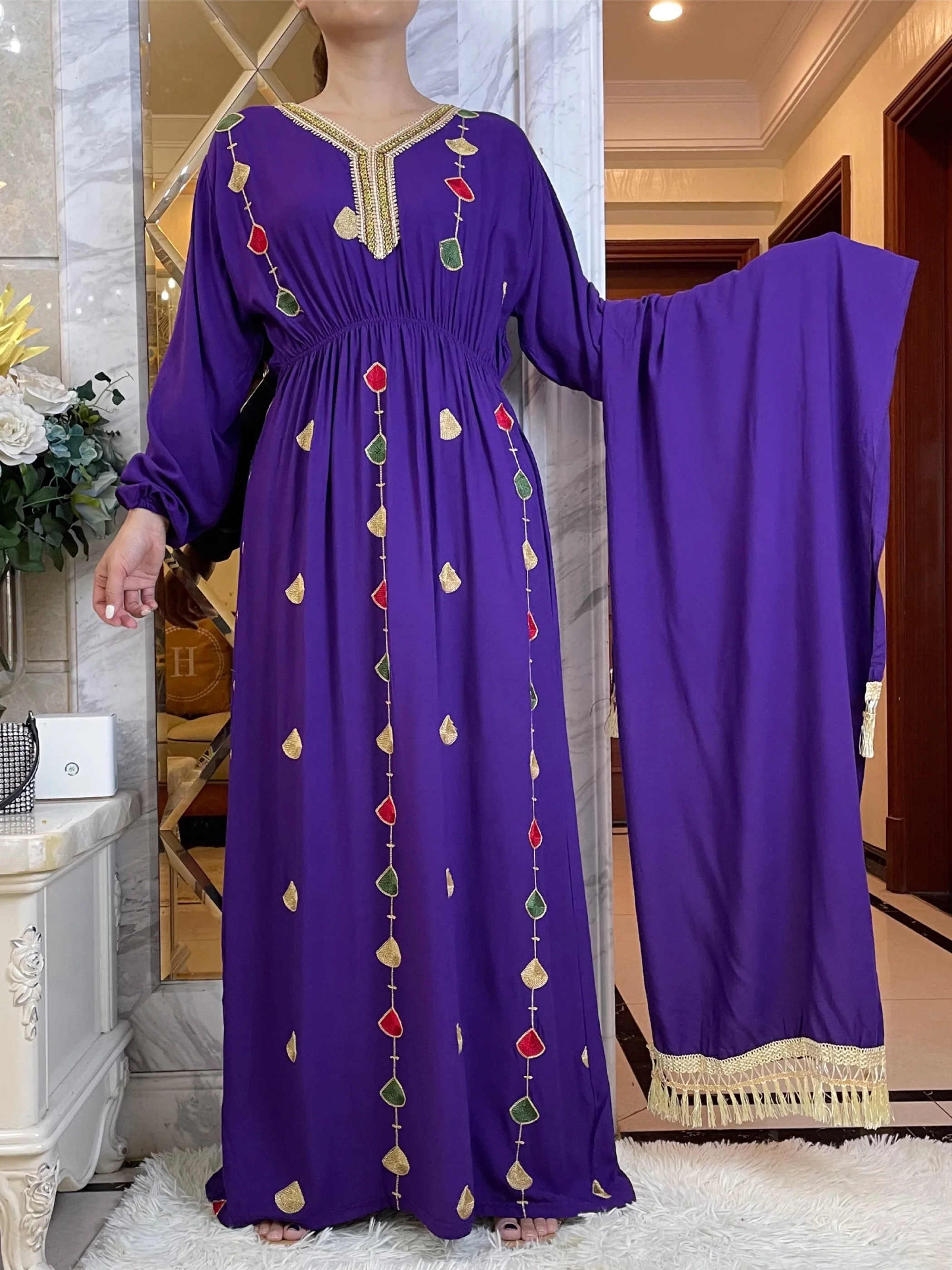 New African Summer African Long Sleeve Dresses Collect Waist Embroidery Floral Maxi Islam Women Cotton  Abaya With Big Scarf