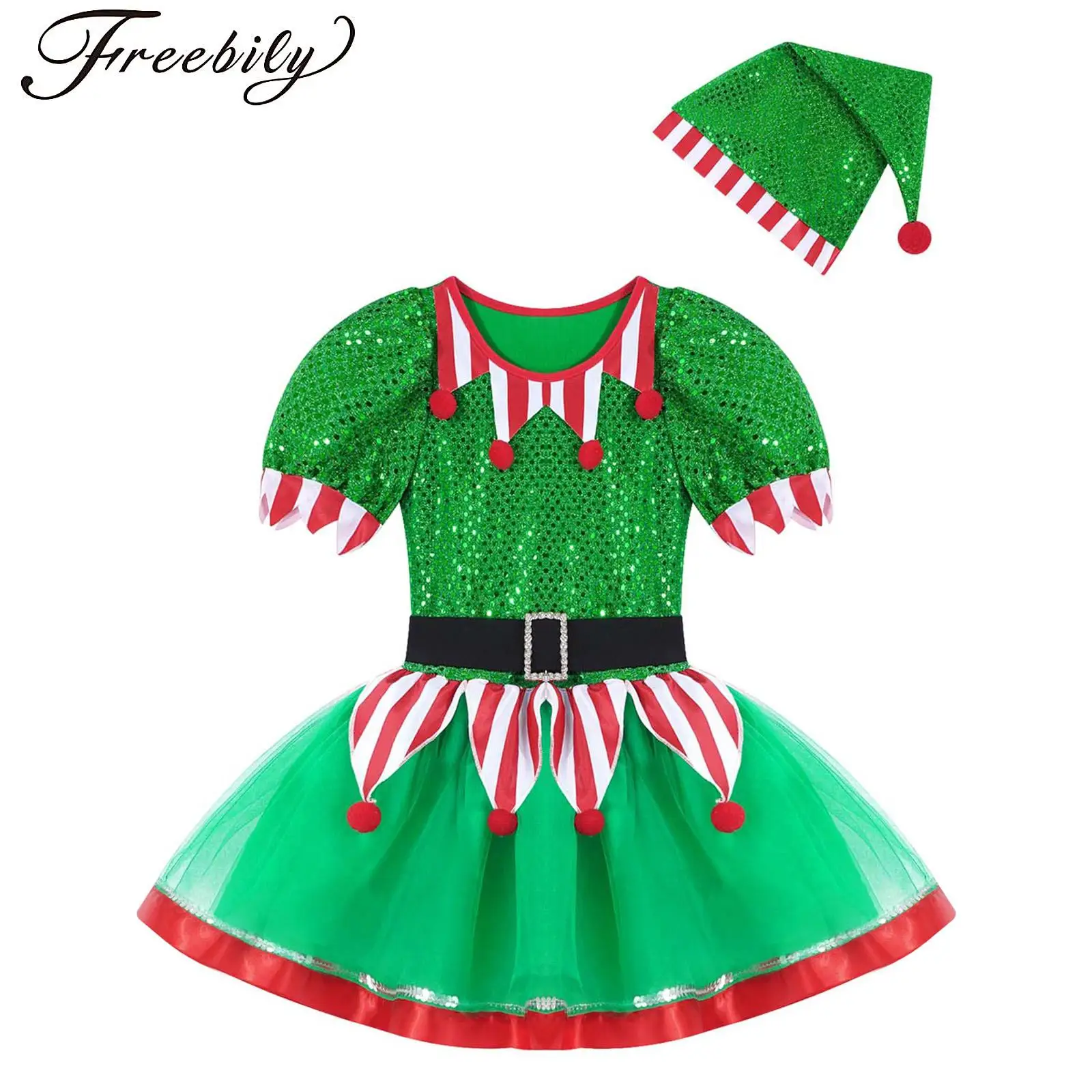 

Girls Christmas Elf Dress Pompom Mesh Sequin Candy Cane Ballet Tutu Dress with Hat Skating Leotard Santa Claus Costume Outfits