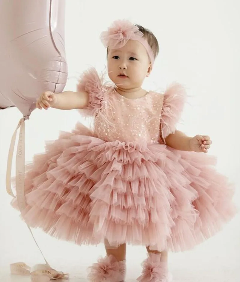 

Tiered Tulle Knee Length Baby Girl Dress Glitter Sequined Tutu Infant First Birthday Party Gown Communion Dress