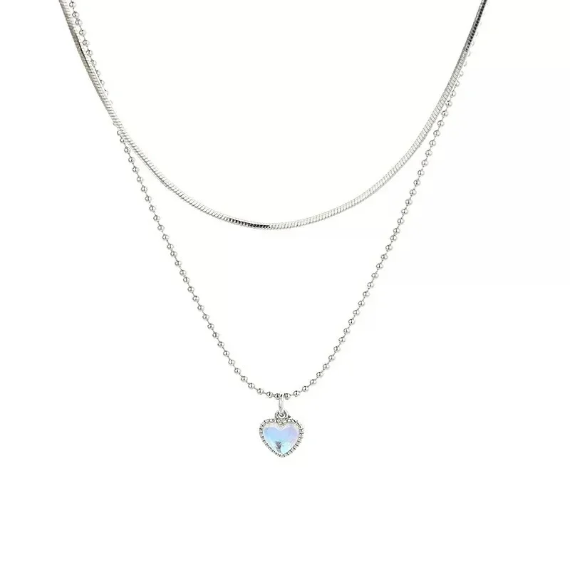 Hot Seller New Double Love Pendant Necklace Female Moonstone Pendant New Clavicle Chain Niche Design Jewelry