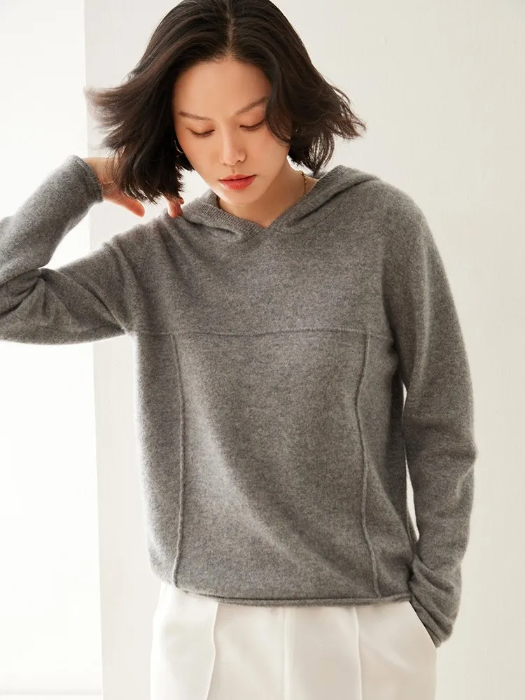

Women's Cashmere Knitwear Pullover Pure Color Hooded Top Spring Autumn Simple Trendy 100% Cashmere Sweatshirt Knit Hoodie
