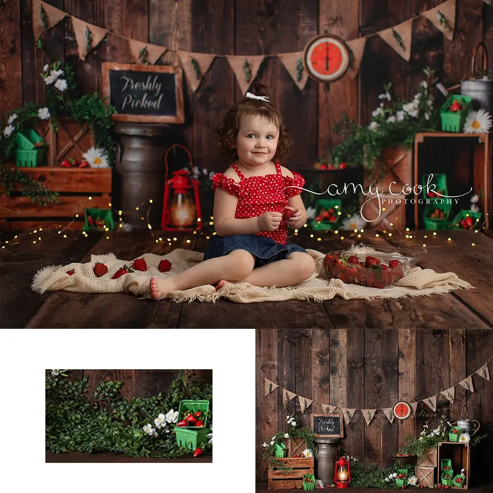 

Strawberry Shortcake Backdrop Kids Baby Cake Smash Photocall Decors Wooden Board Child Girls Birthday Photography Backgrounds