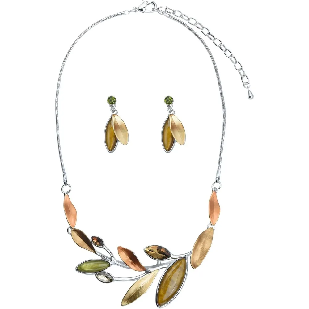

Vintage Leaf Floral Boho Necklace and Earring Crystal Costume Jewelry Set