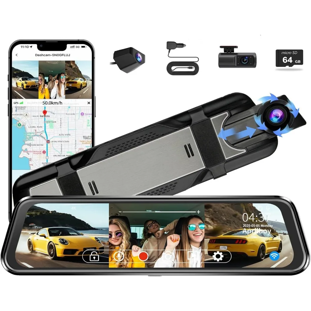 Aprilboy 3 Channel Mirror Dash Camera for Cars, 10 Triple Rear View Mirror with Front 4K/3K, Inside and Rear 1080P with WiFi, G-