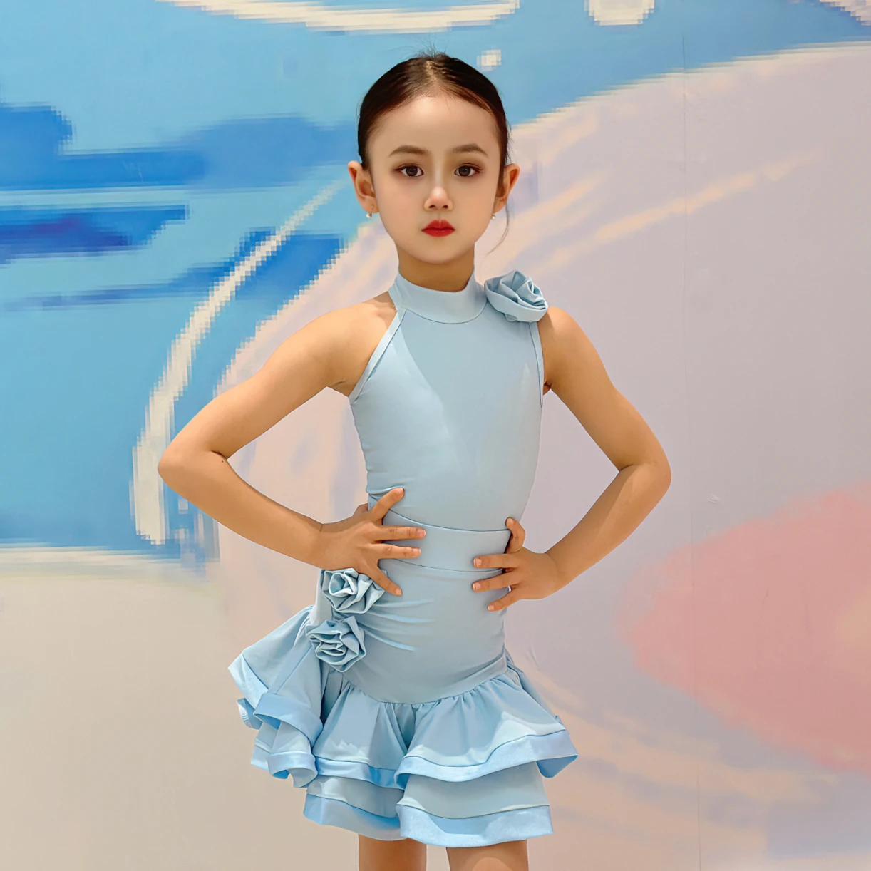 Summer Kids Latin Dance Dress Girls Sleeveless Blue Practice Dress Professional Practice Training Dance Wear 2Pcs Suit DNV23642