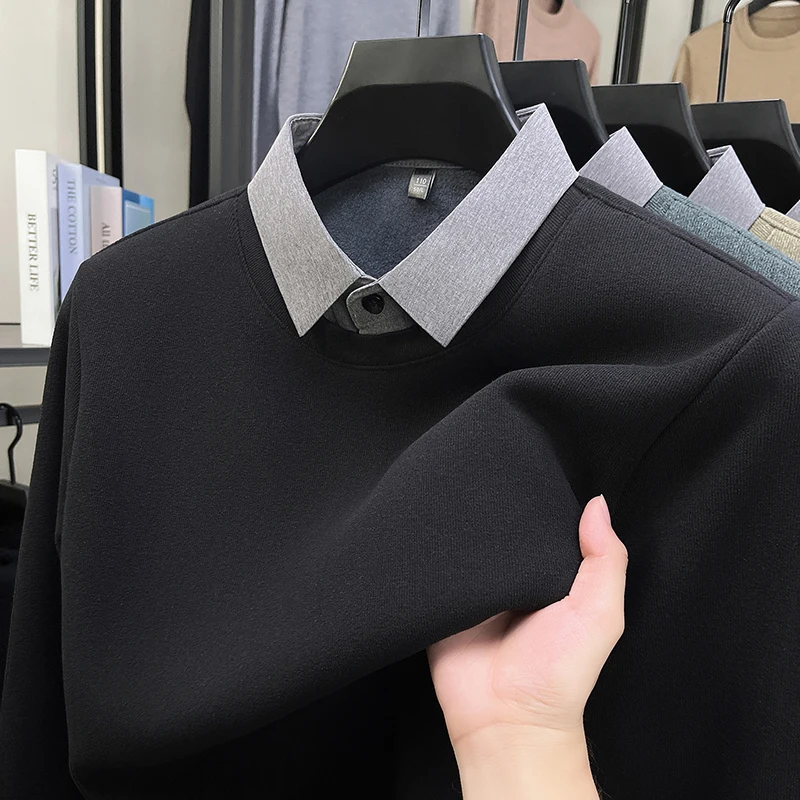 

Fake Two Long Sleeved T-shirts for Men in Autumn and Winter, New Hoodie with Thick Fleece and Warm Wool Base Sweater