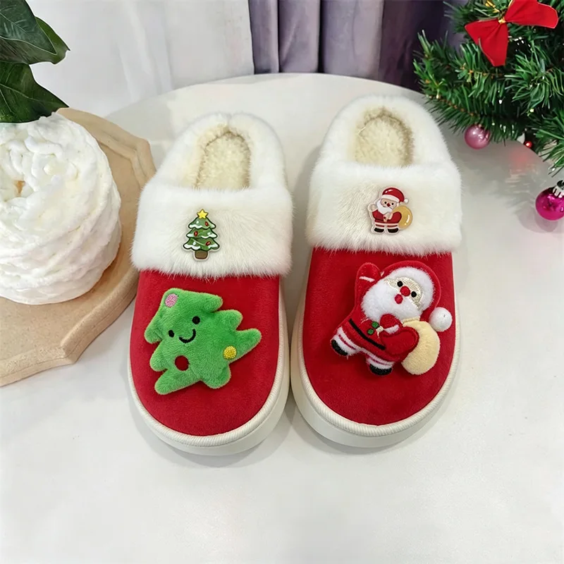 Christmas Tree Designer Fluffy Slippers Women House Flats Cartoon Winter Shoes Girls Home Fashion Popular Tree Footwear Big Size
