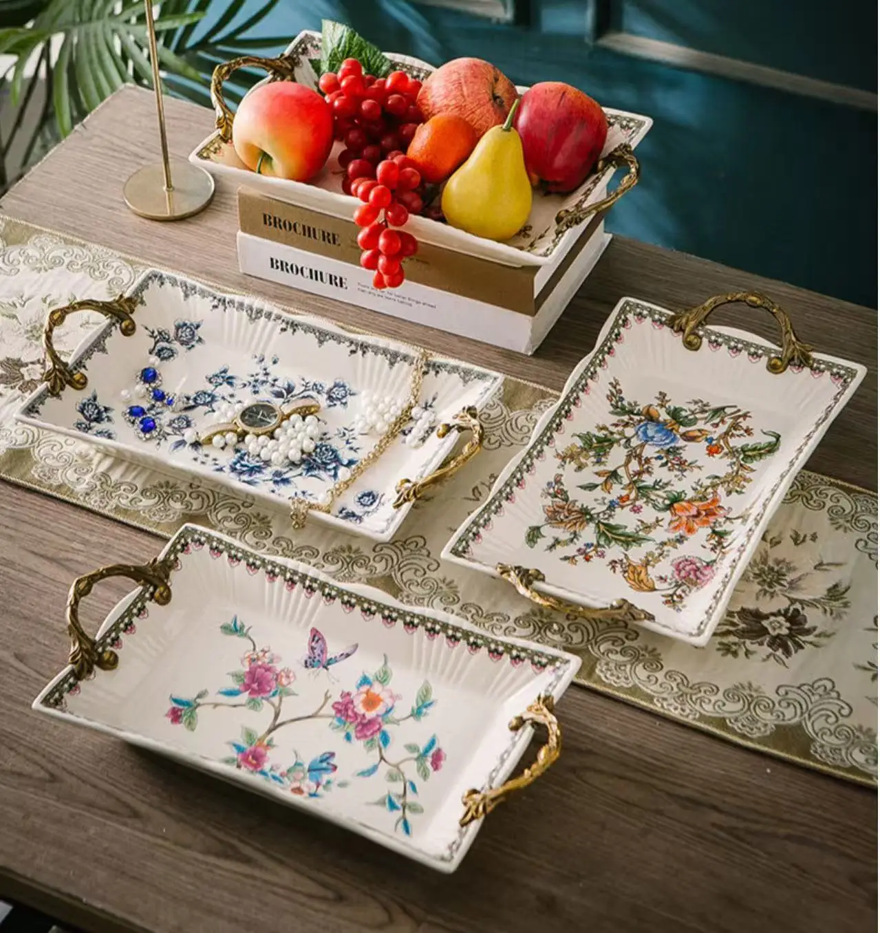 Vintage painted ceramic tray alloy double ear handle tea tray household fruit Dim sum tray porch jewelry storage tray