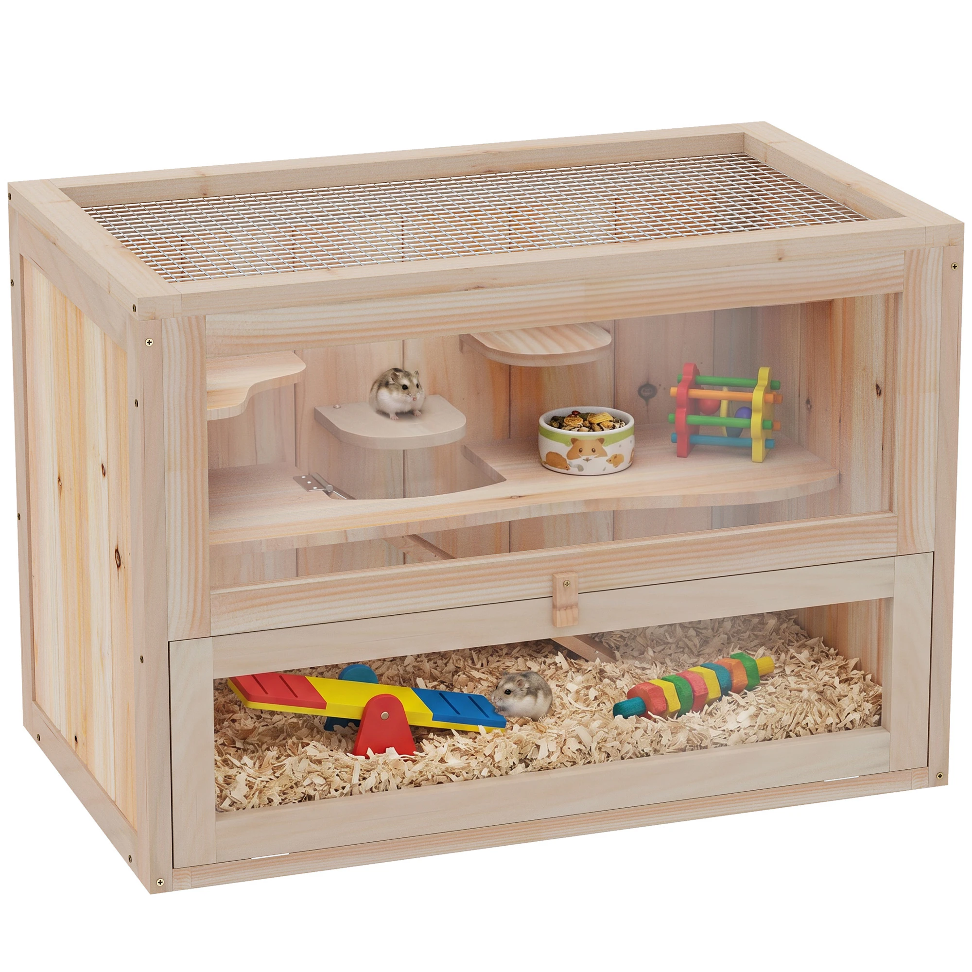 PawHut Gabbia per Criceti Gabbia per Piccoli Animali Gabbia per Roditori in Legno 60 cm x 35 cm x 42 cm