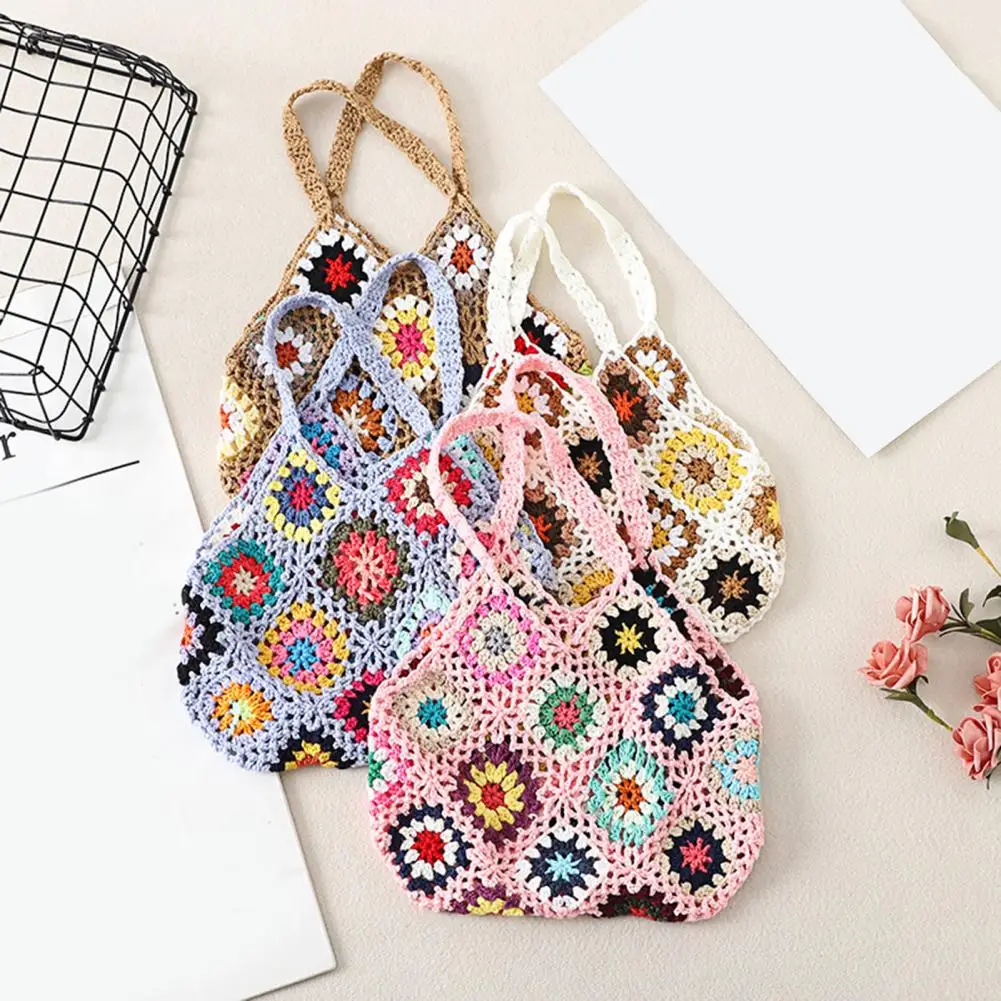 Bohemian Crochet Ladies Shoulder Bags Knitted Multicolor Hollow Tote Bag Retro Casual Knit Tote Bag Summer Beach Bag