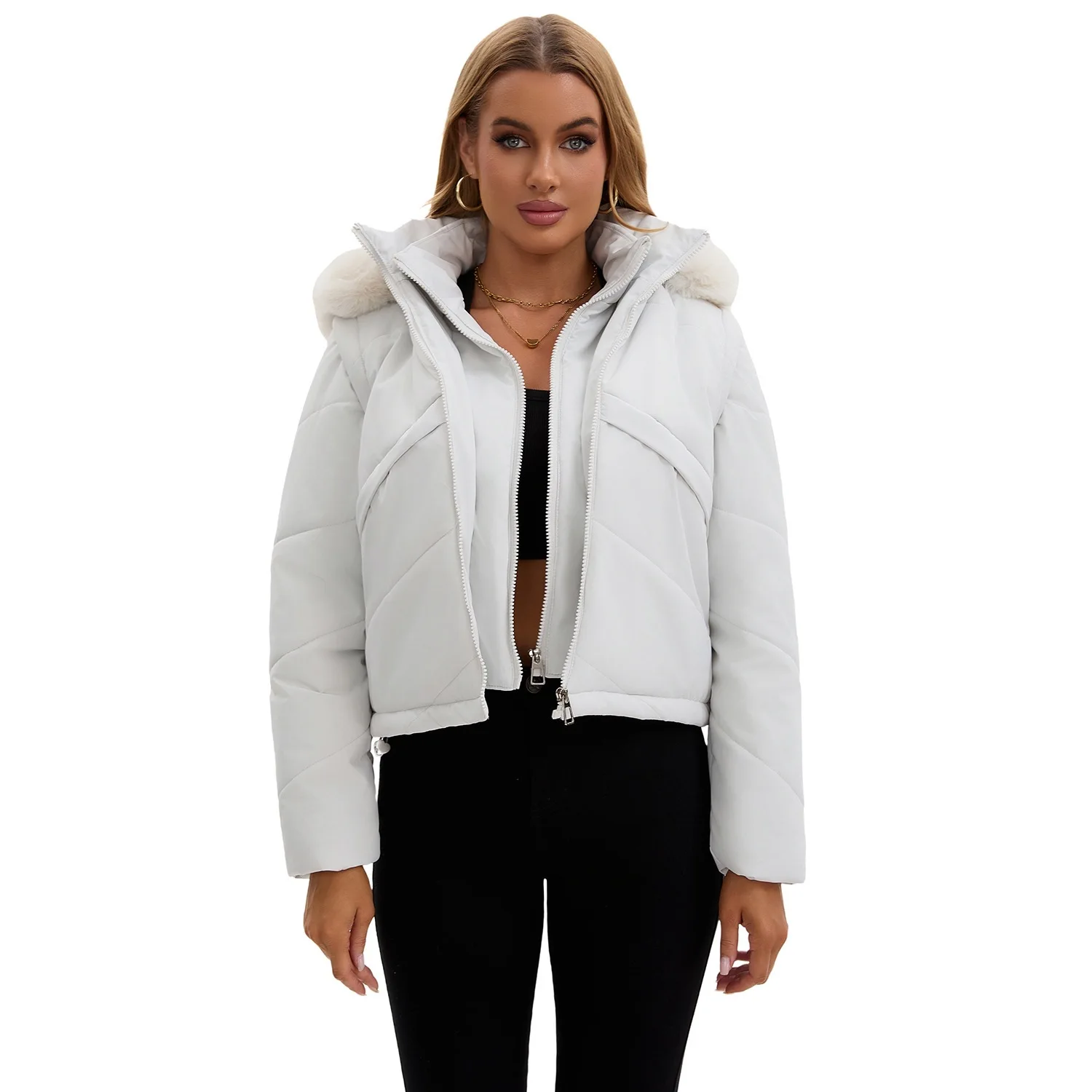 

New Fashion Fake Two-Piece Short Autumn Winter Cotton-Padded Jacket With Detachable Sleeves Vest & Warm Hood