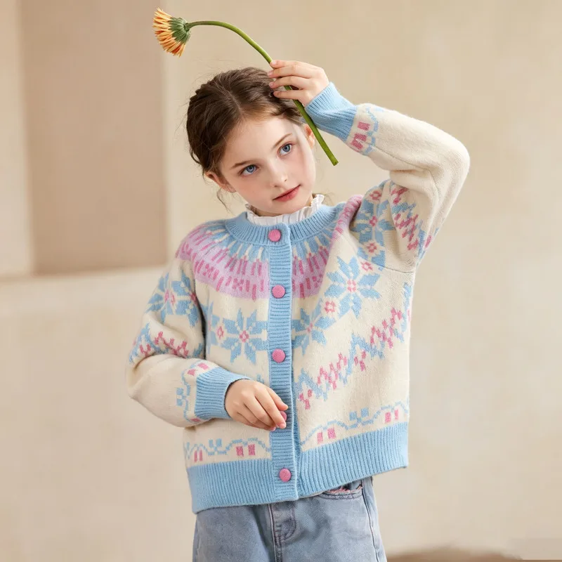 Girls' cardigan jacket, spring and autumn Fair Isle sweater, children's knitwear