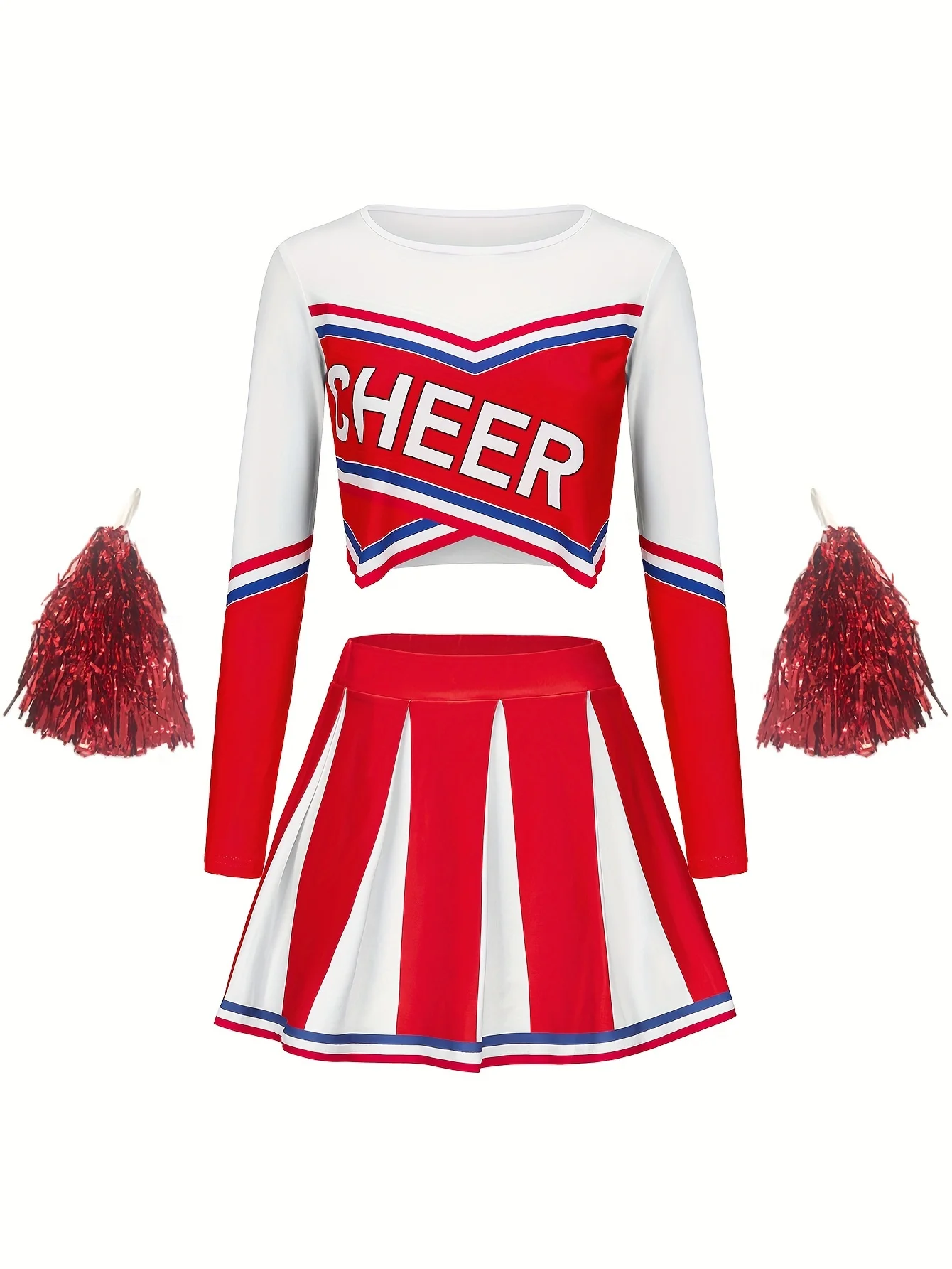Girls Cheerleading Red Long Sleeved Skirt set Cute Sports Children's Pom-poms Performance Party Clothing Back To School Season
