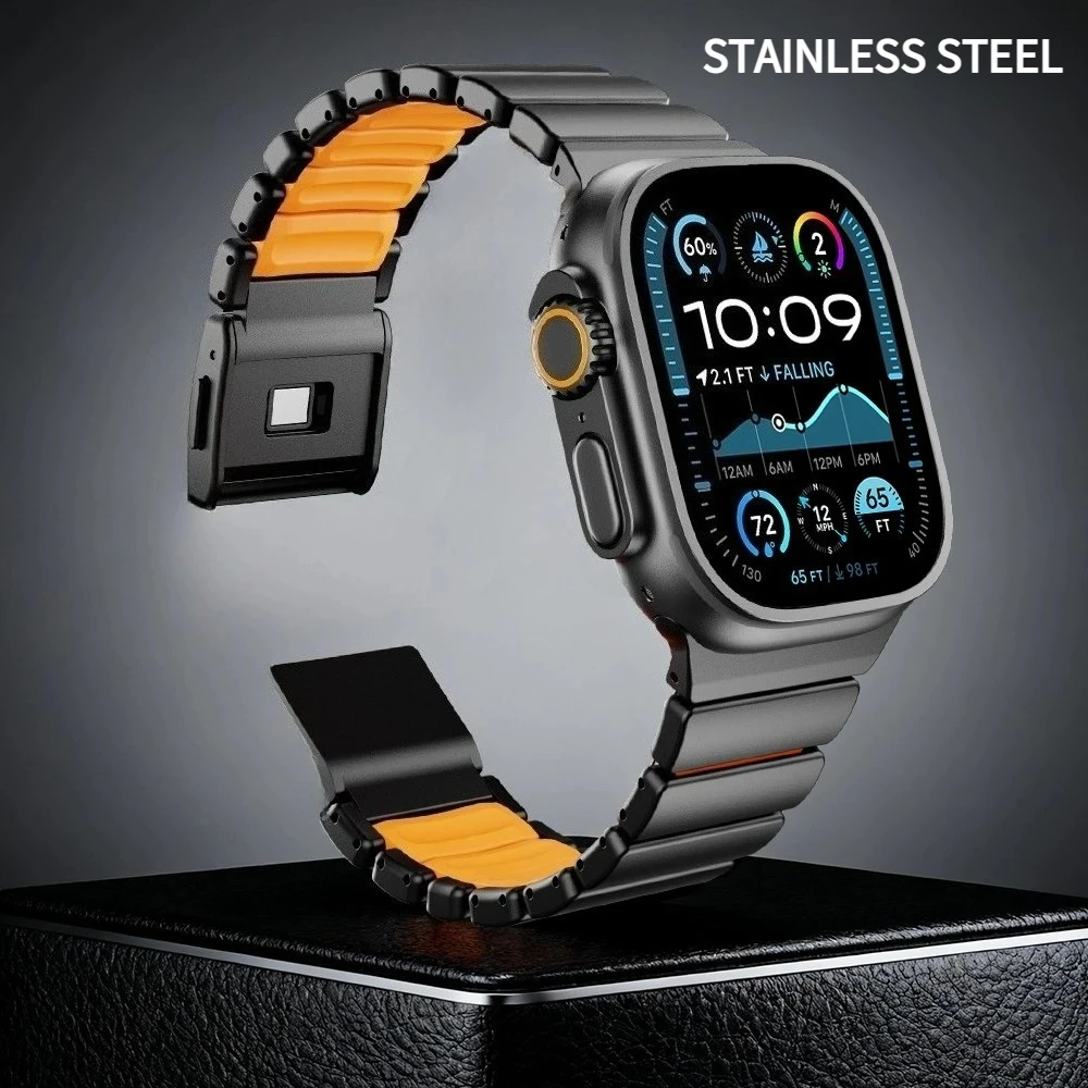

Магнитный ремешок для Apple Watch Ultra 3/2 49 мм, Series 11 10 46 мм, резиновый ремешок из нержавеющей стали для Iwatch 9 8 7 45 мм, 6, SE3, 5, 4 44 мм