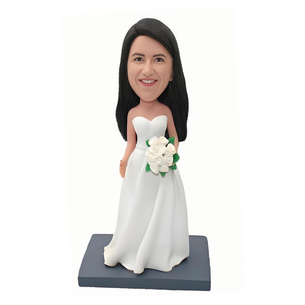 

Custom Wedding Bride Bobblehead Figurine, White Dress with Rose Bouquet, Personalized Sculpture Home Decoration