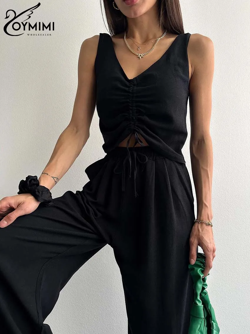 Oymimi Fashion Black Cotton 2 Piece Sets Women Outfit Casual V-Neck Sleeveless Lace-Up Slim Tank Tops And Straight Trousers Sets