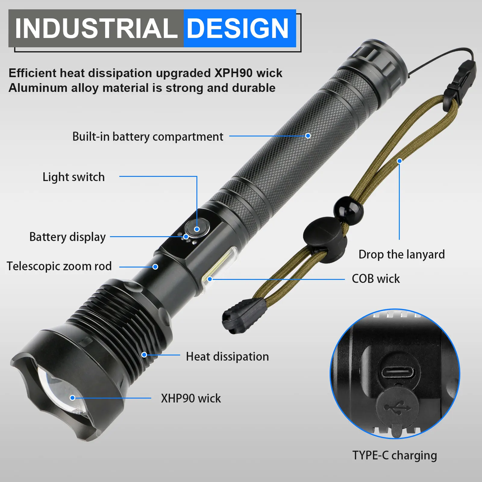 Rechargeable High Lumens LED Flashlights, XHP90 and COB Tactical Flashlights With Zoomable, Waterproof, Super Bright Flashlight