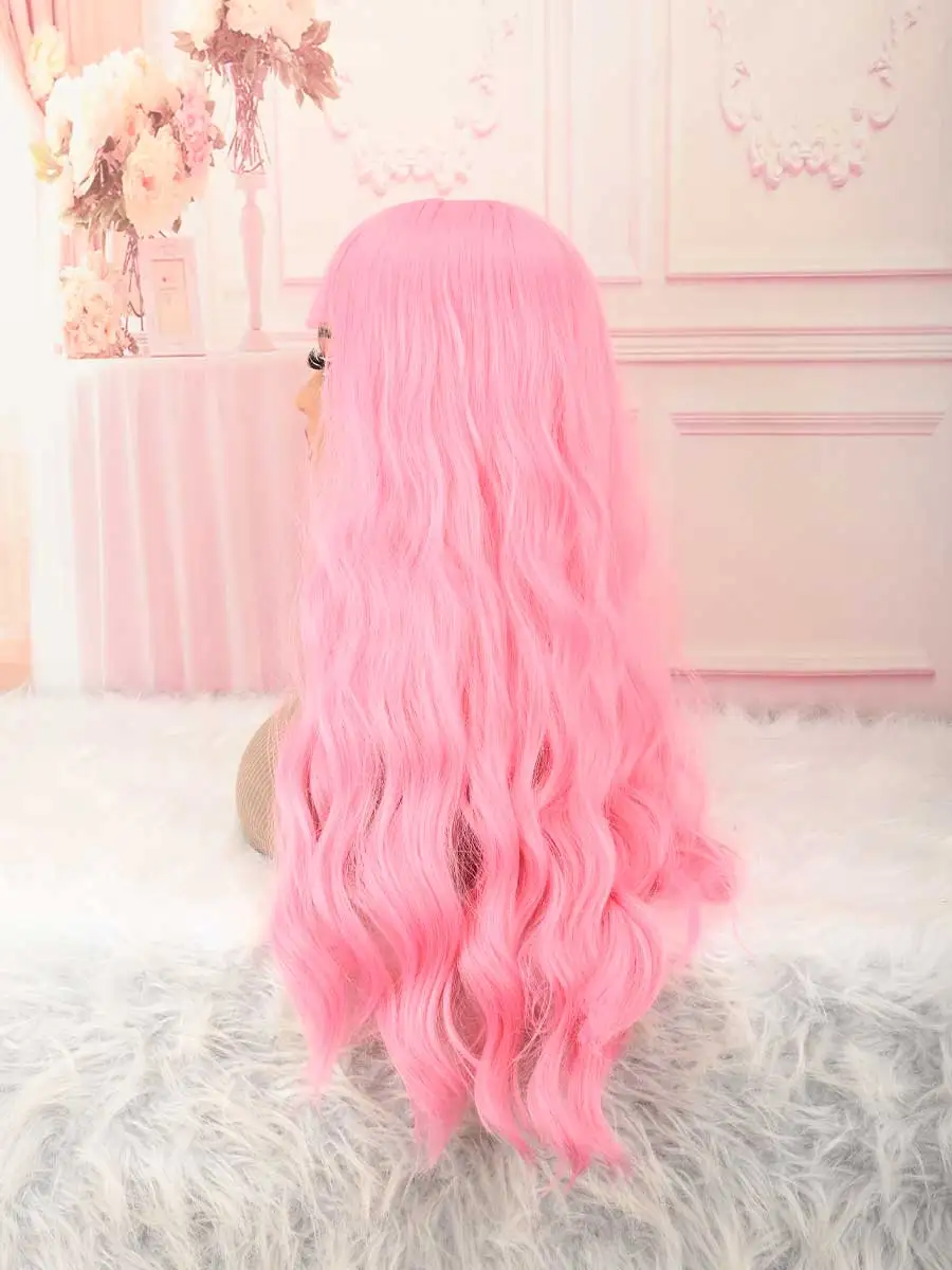 Pastel Pink Long Water Wave Wig with Bangs, Fluffy Heat Resistant Synthetic Wig for Women Party Cosplay Daily Use