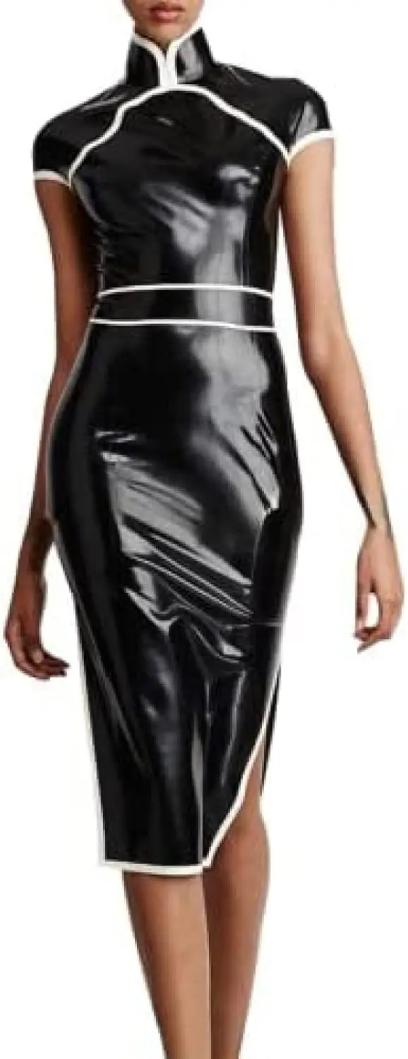 

Black and White Trimmings Latex Cheongsam Dress in Chinese Style Rubber Dress Sleeveless Playsuit Bodycon